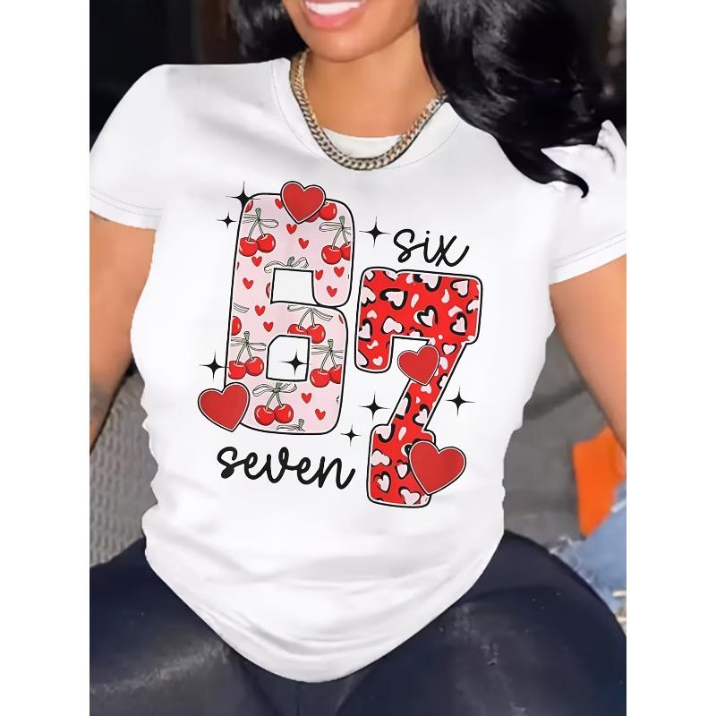 

European Size Women s Funny 67 Meme T-Shirt - Valentine s Day Humor with Hearts & Bow, Casual Short Sleeve Tee, Year-Round Wearable Print 4XL