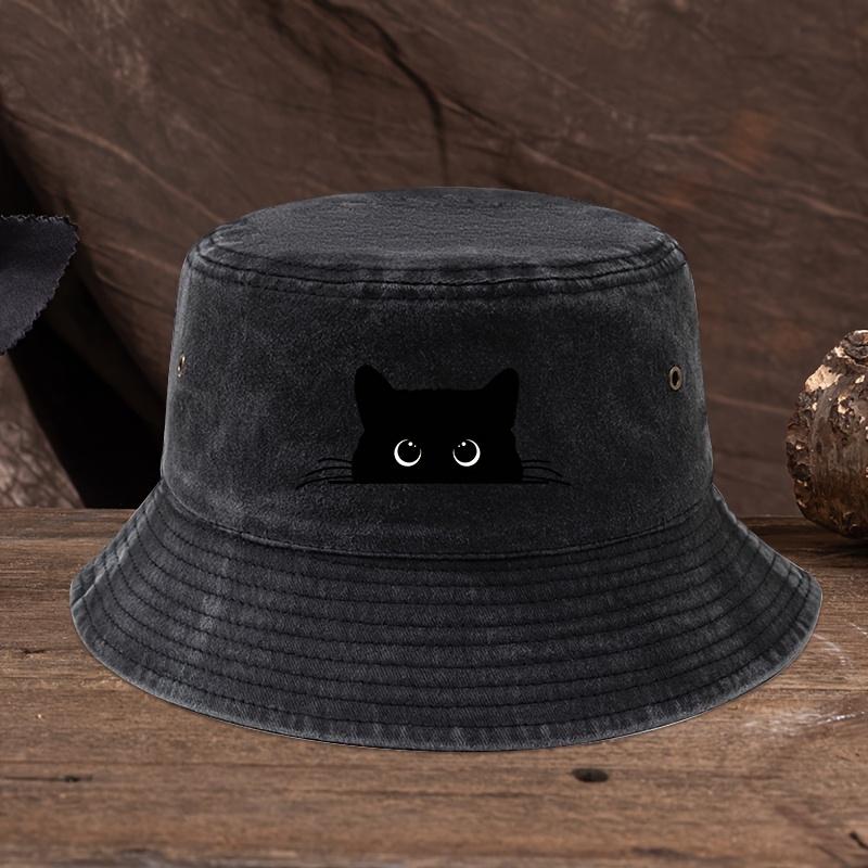 Cute black cat print pattern fisherman hat with vintage style suitable for outdoor travel for men and women