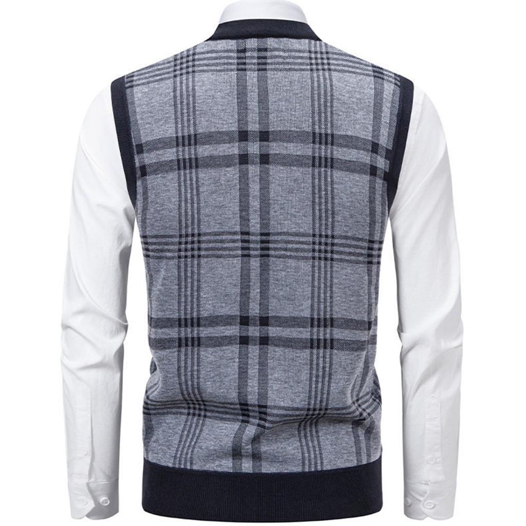 Pánská zimní kostkovaná vesta s fleecovou podšívkou, pulovr, volná pánská bezrukávová svetrová vesta