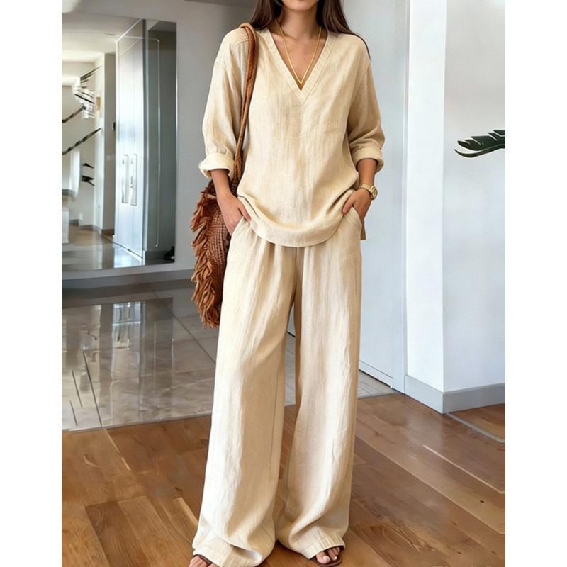2026 Spring European and American Foreign Trade New Women's Fashion Casual Top Wide-Leg Long Pants Two-Piece Set