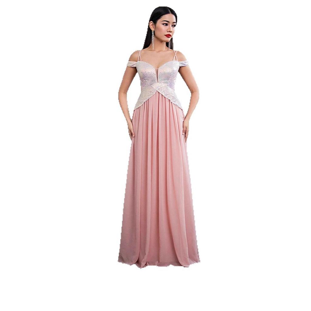 Summer European and American women's sleeveless one-word shoulder dress V-neck sequined celebrity temperament chiffon splicing evening dress