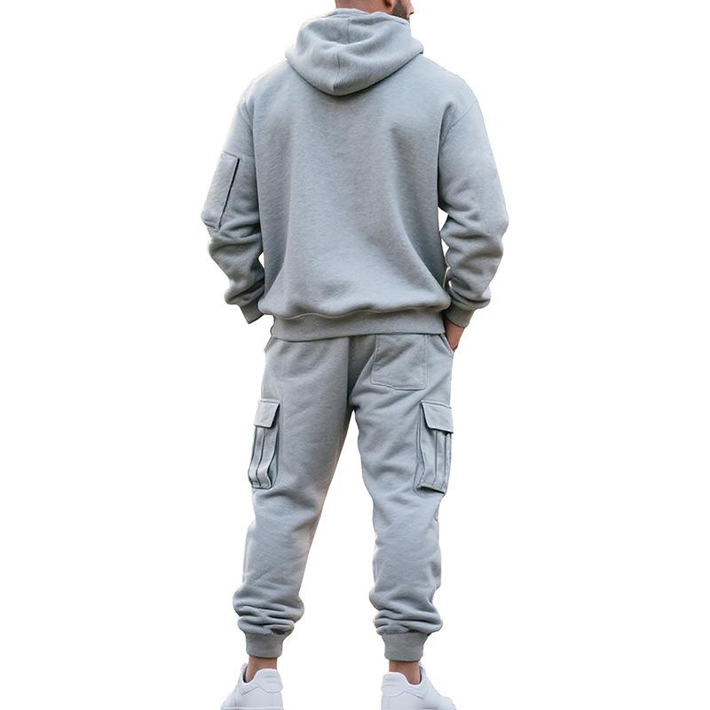 Mens Warm Thick Multiple Pockets Hooded Sweatshirt And Cuffed Sweatpants Two Piece Sports Set