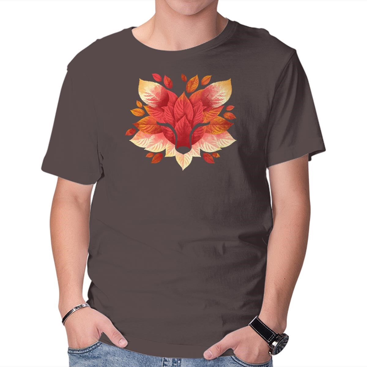 Unisex Crew Neck T-Shirt Fox of Leaves Graphic Short Sleeve Casual Tee L