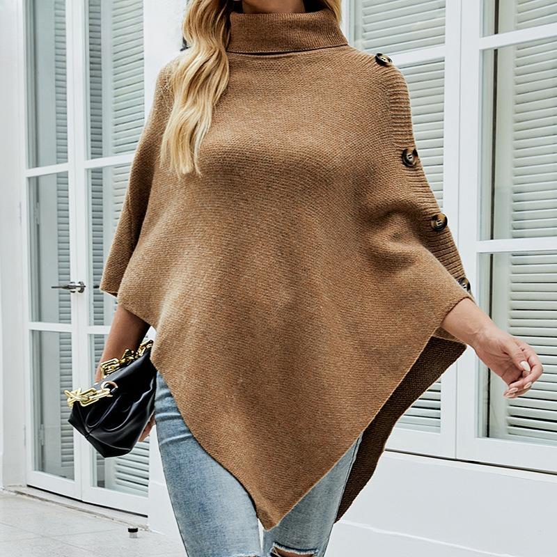 Outono Inverno Xale Capa Suéter Feminino Cor Sólida Gola Alta Suéter Tricotado Jaqueta Mulher Casual Oversized Irregular Pulôver