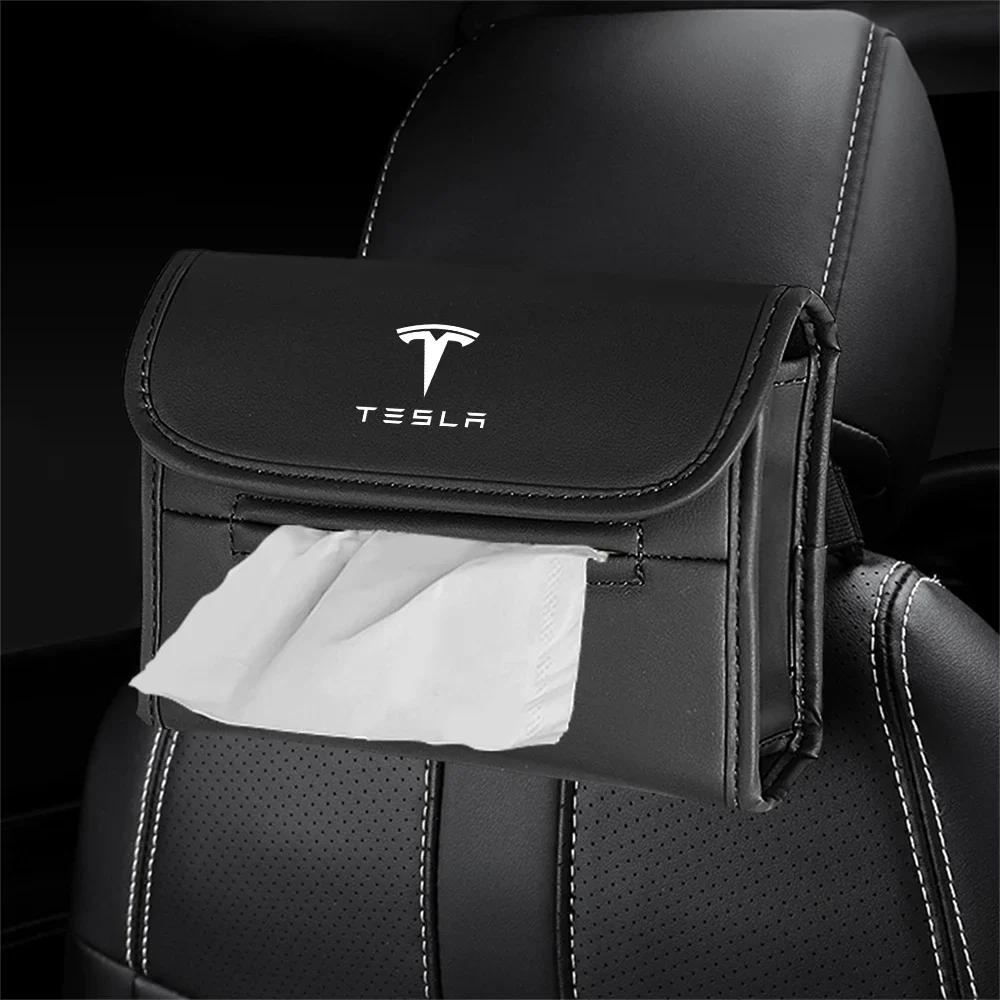 Car Sticker Tesla Car Tissue Box Holder Leather Napkin Box Car Back Seat Paper Towel Organizer With Fix Strap For Tesla Model 3