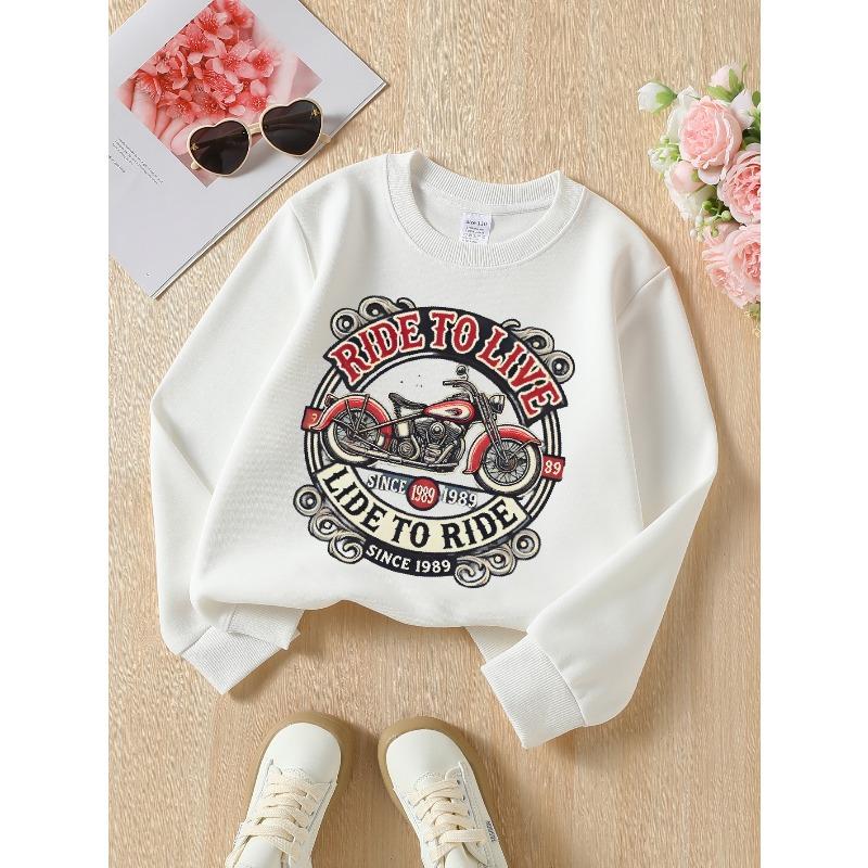 European Sizes Motorcycle Logo Sweatshirt for Girls, Crew Neck Western-Style Long-Sleeved Top for Young Girls