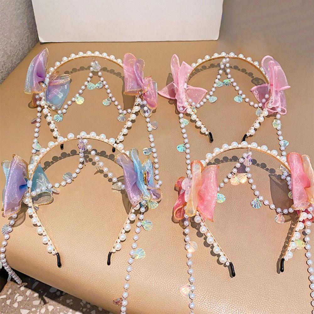 Exquisite Bowknot Headband Elastic Princess Hair Hoop Hair Accessories Faux Pearl Headband  Party