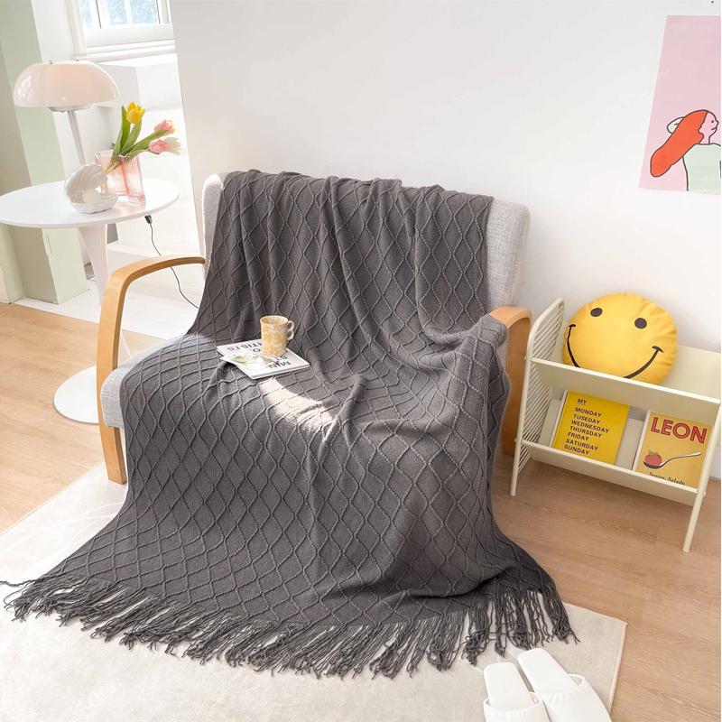 Tassel Blanket 100% Acrylic Bedside Towel Solid Color Plaid Knitted Blanket Nap/Travel Shawl Home Sofa Towel manta