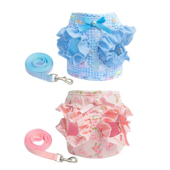 Floral Dog Harness for Small Dogs Cute Ruffled Harness with Leash Adjustable Dog Harness for Puppies Bichon Frise Teddy Pomeranian