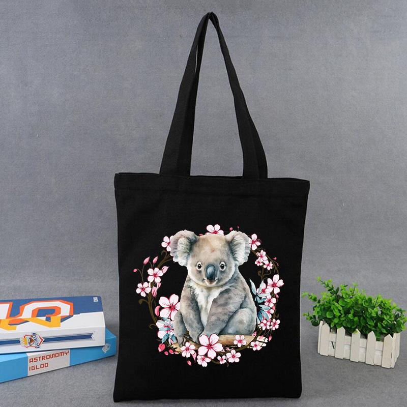 Cherry Blossoms Animal Koala Printed Shoulder Bag Student Large Capacity Canvas Eco-Friendly Bag
