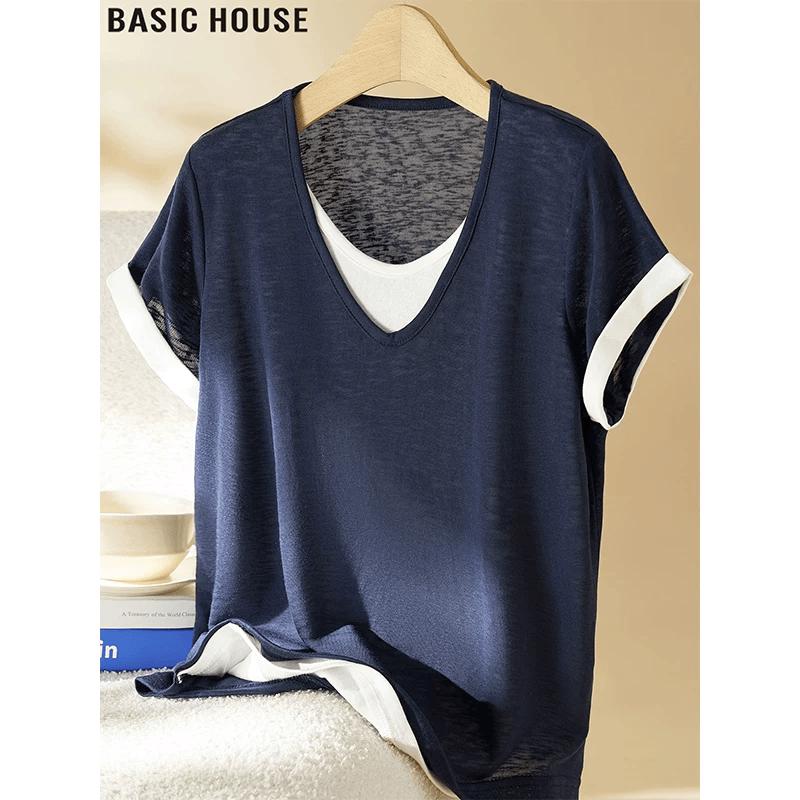 Basic House Faux Two-Piece Tencel Short Sleeve T-Shirt M