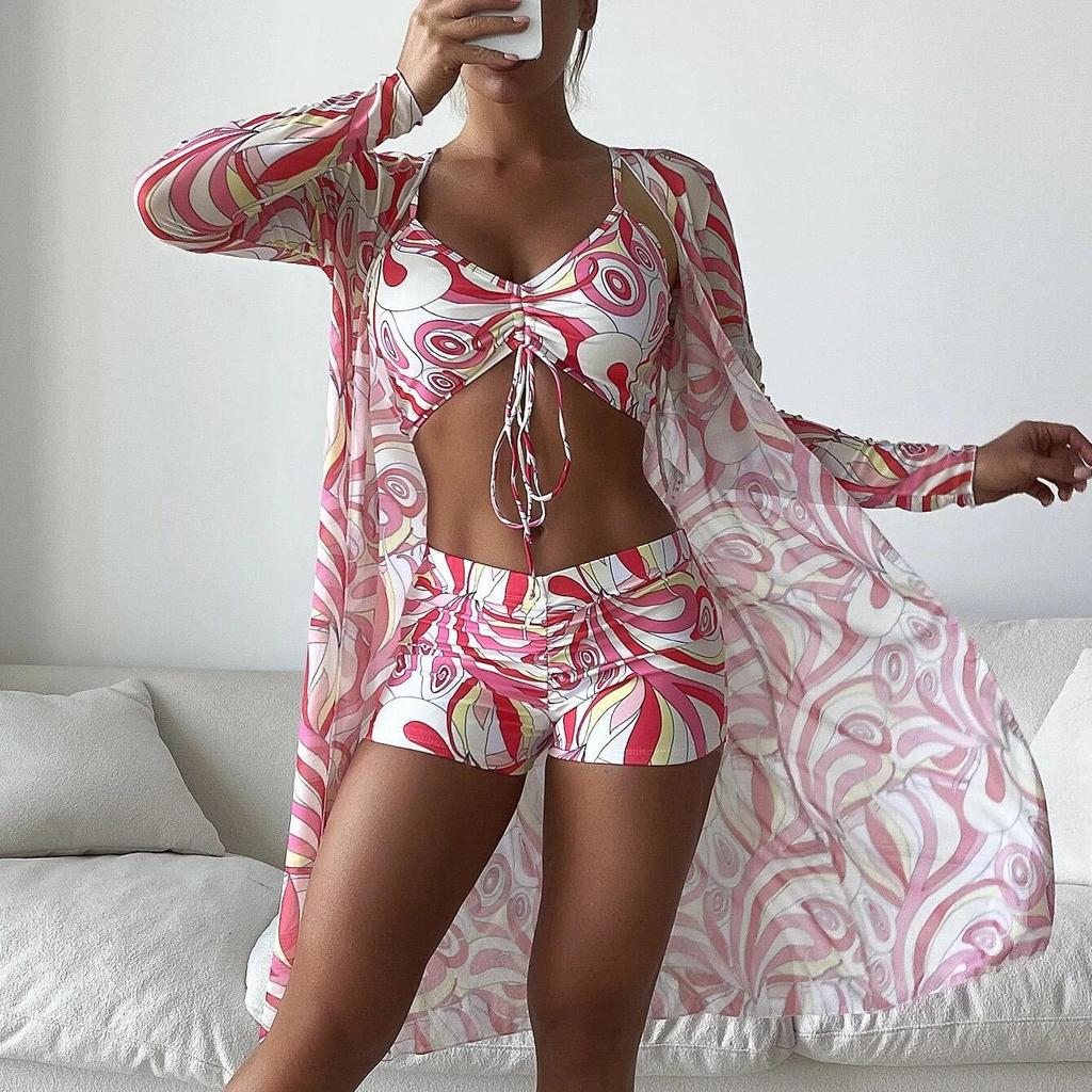 Swimsuit Women's Split Three Piece Set High Waist Long Sleeve Ins Overshirt Drawstring Printed Bikini Suits