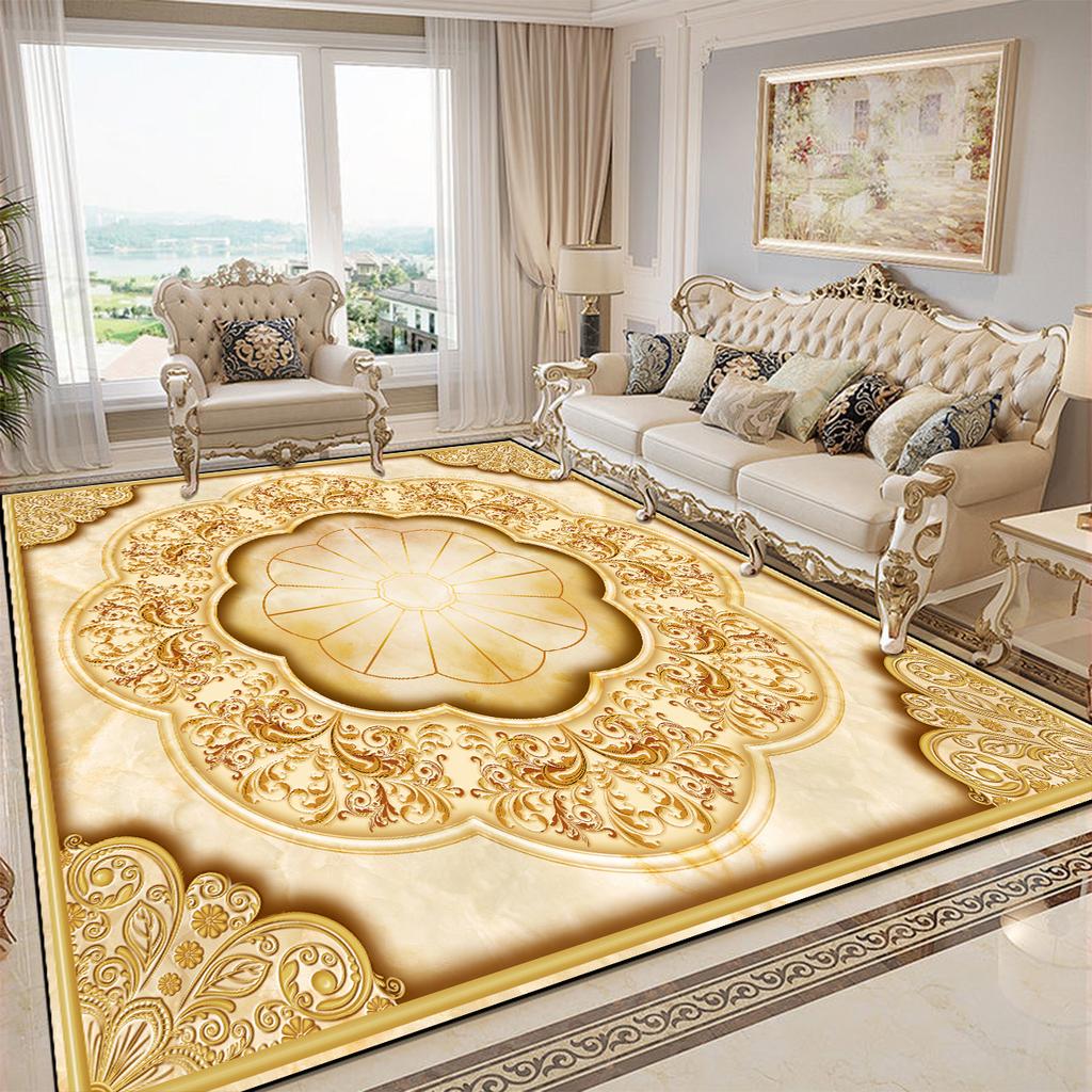 Luxury Golden Decorative Rug for Living Room European Style Parlor Decor Carpet for Rooms Non-slip Washable Lounge Sofa Foot Mat