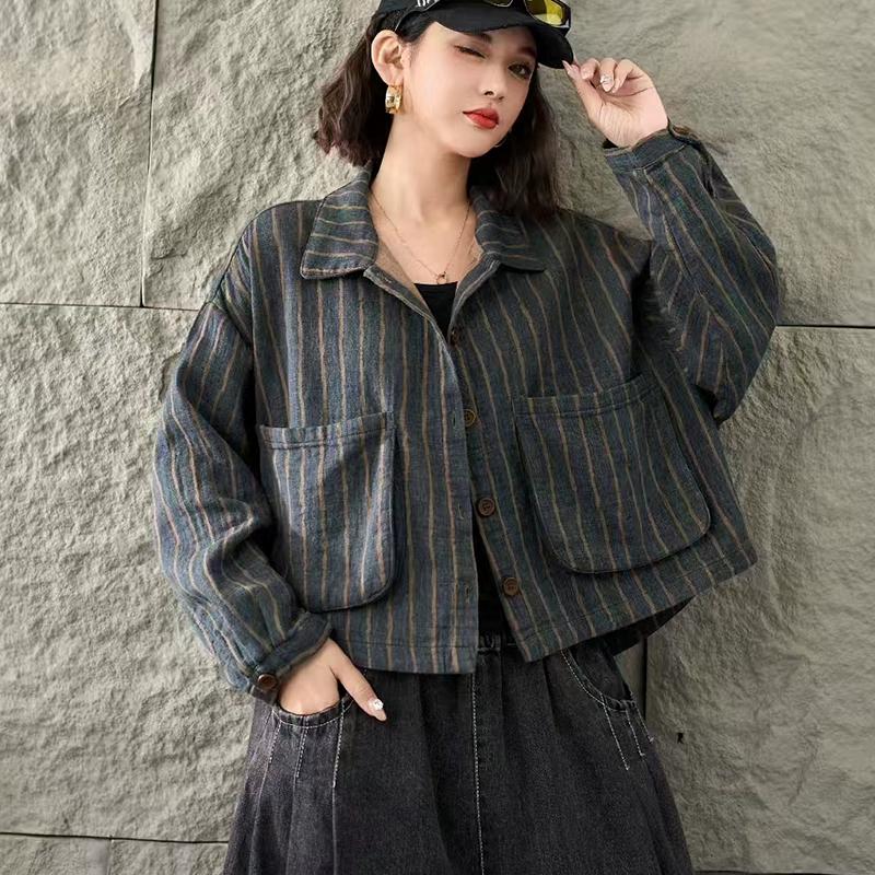 Dimanaf 2025 Coat Short Jacket Women Long Sleeve Pockets Fashion Retro Print Tops Tees Loose Tees New