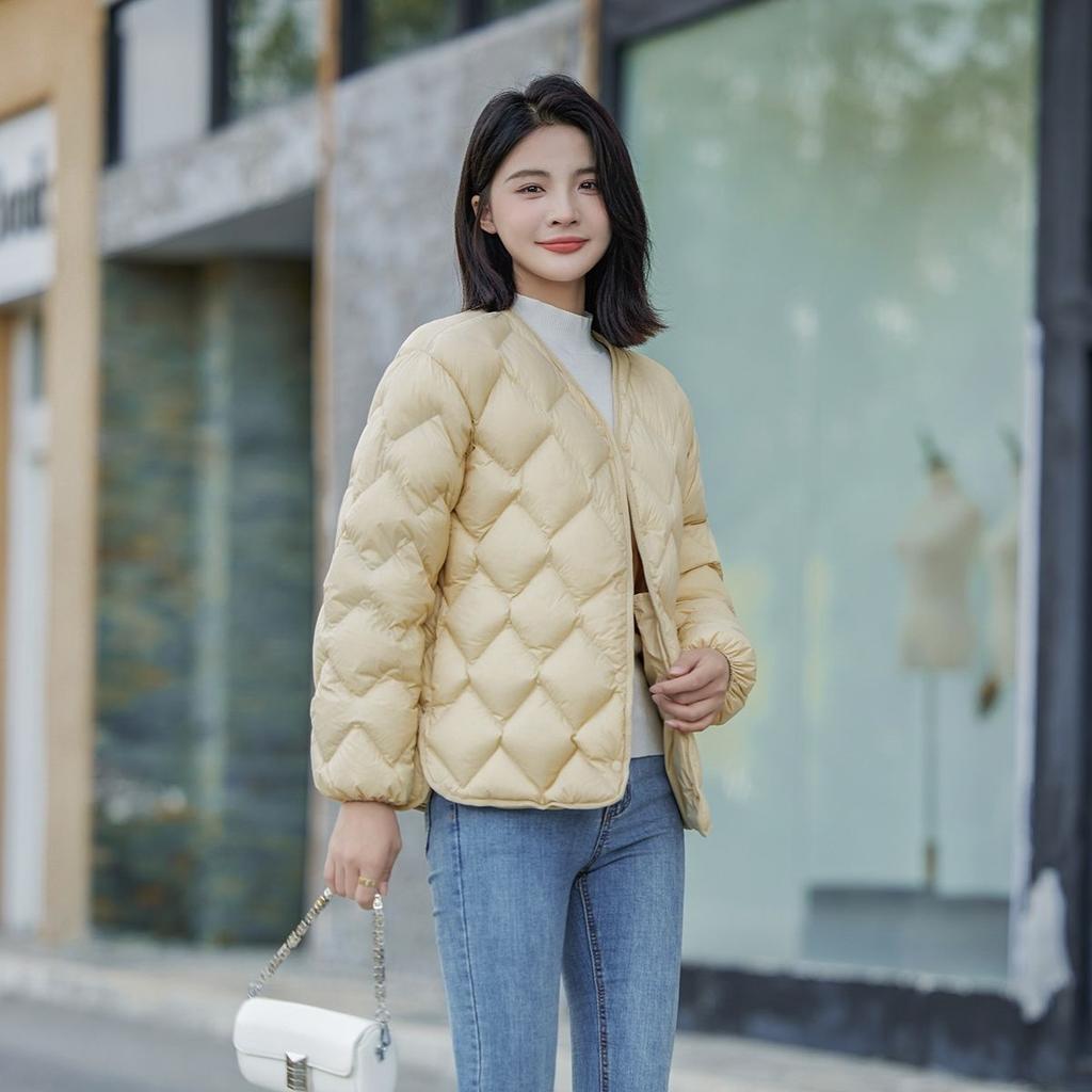 Short down jacket women's slim fit short autumn and winter V-neck loose rhombus casual jacket light and thin
