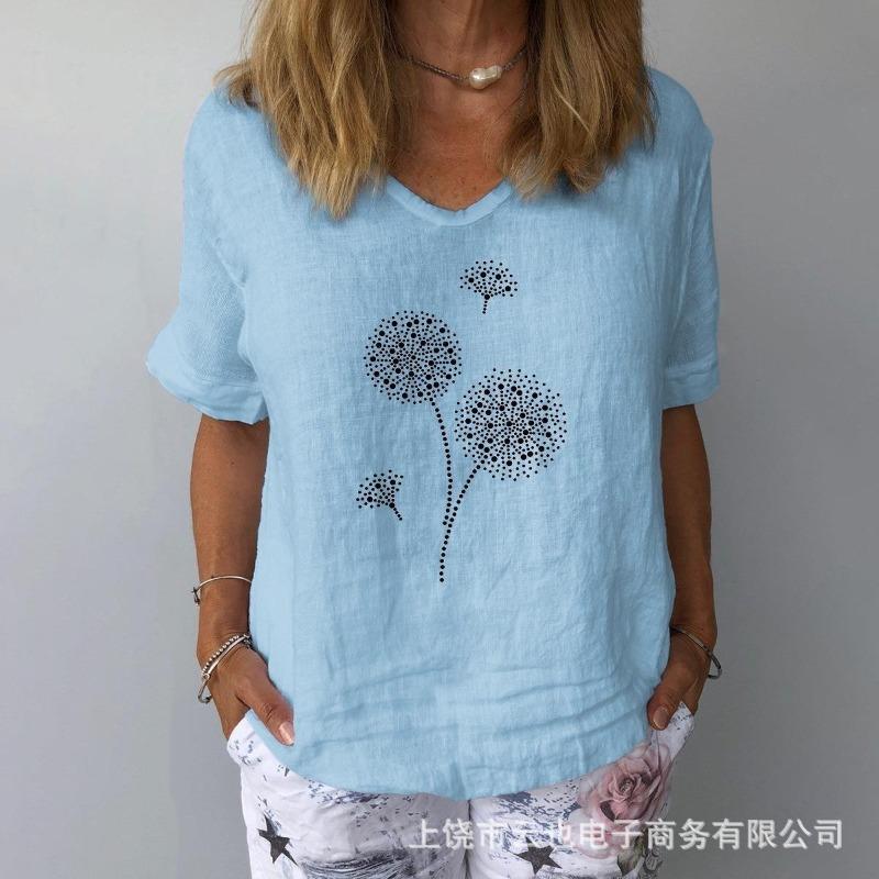 New Women's V-Neck Short Sleeve Loose Casual Pugongying T-Shirt