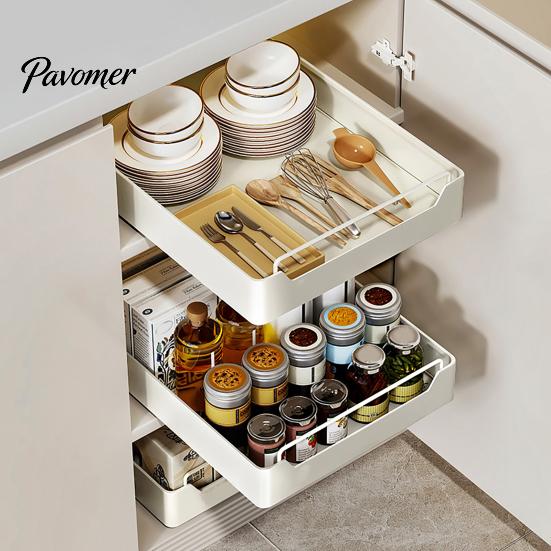 Pull Out Cabinet Organizer Fixed with Adhesive Nano Film Punch-free Heavy Duty Slide Pantry Shelves Sliding Drawer Shelf for Kitchen Living Room