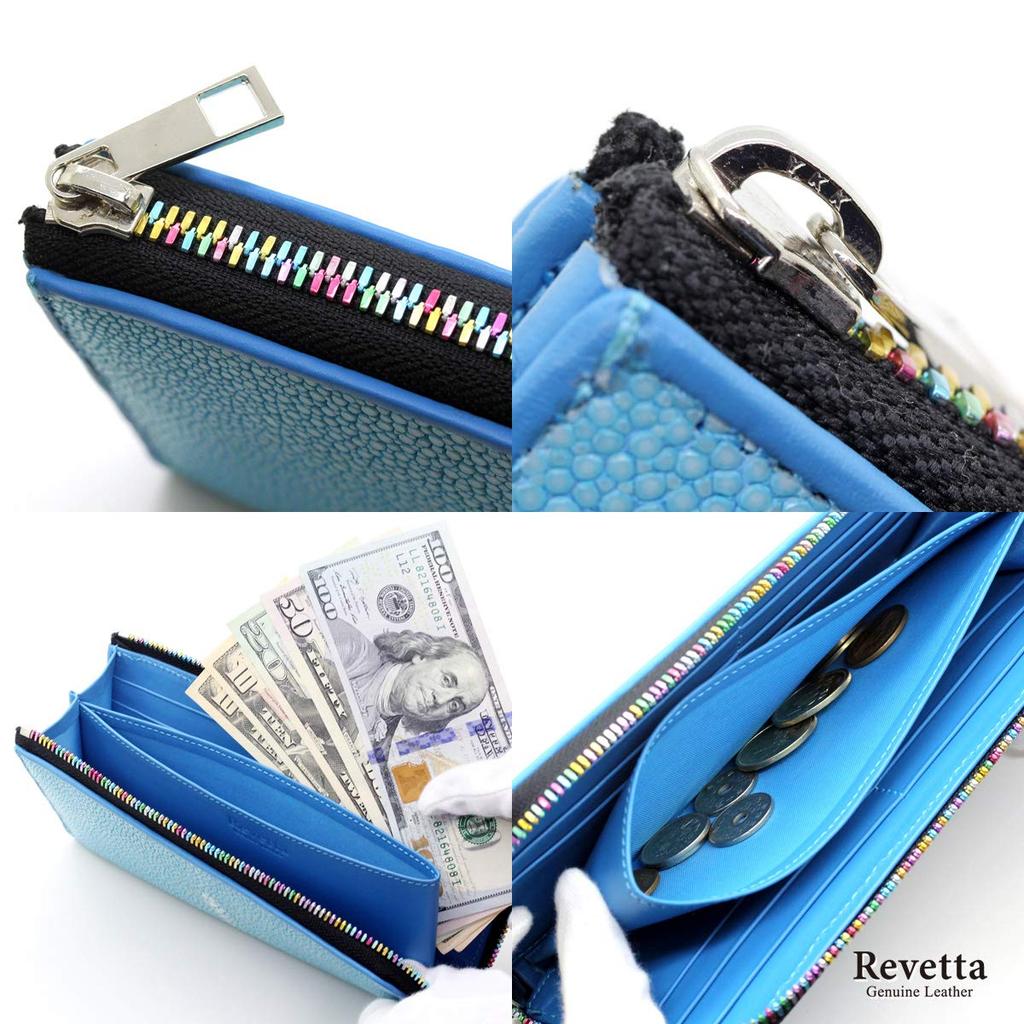 Levetta Stingray Leather Long Wallet, YKK Mix Colors, L-Zip, Galuchat, Stingray, Sky Blue, Light Blue, Men's and Women's, Genuine Leather [164-2stw]