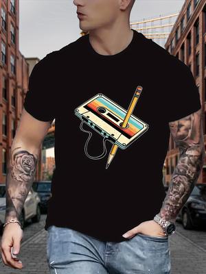 Classic Cassette Print Mens Fashionable Round Neck Short Sleeved Tshirt Casual and Fashionable Mens Top Mens Daily Wear