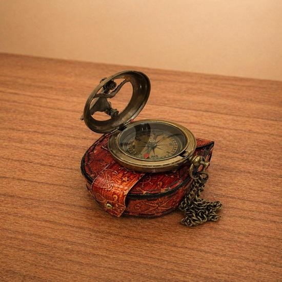 Brass Pocket Compass with Leather Case 5.08 cm Nautical Navigation Tool Handmade Gift Item