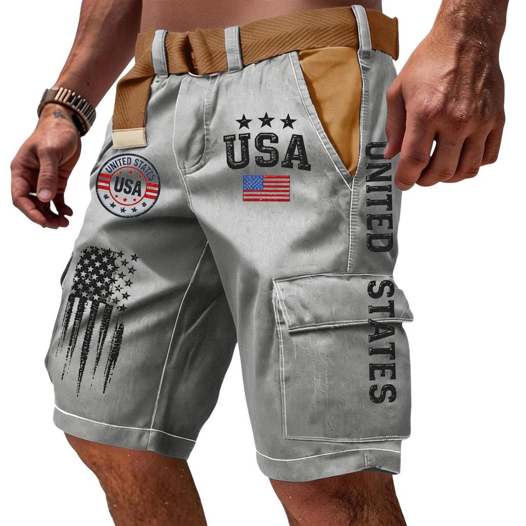 Pantaloncini Cargo Casual da Uomo Multi Tasche con Ricamo e Stampa Bandiera Tessuto Leggero Resistente Adatti per Attività all'Aperto