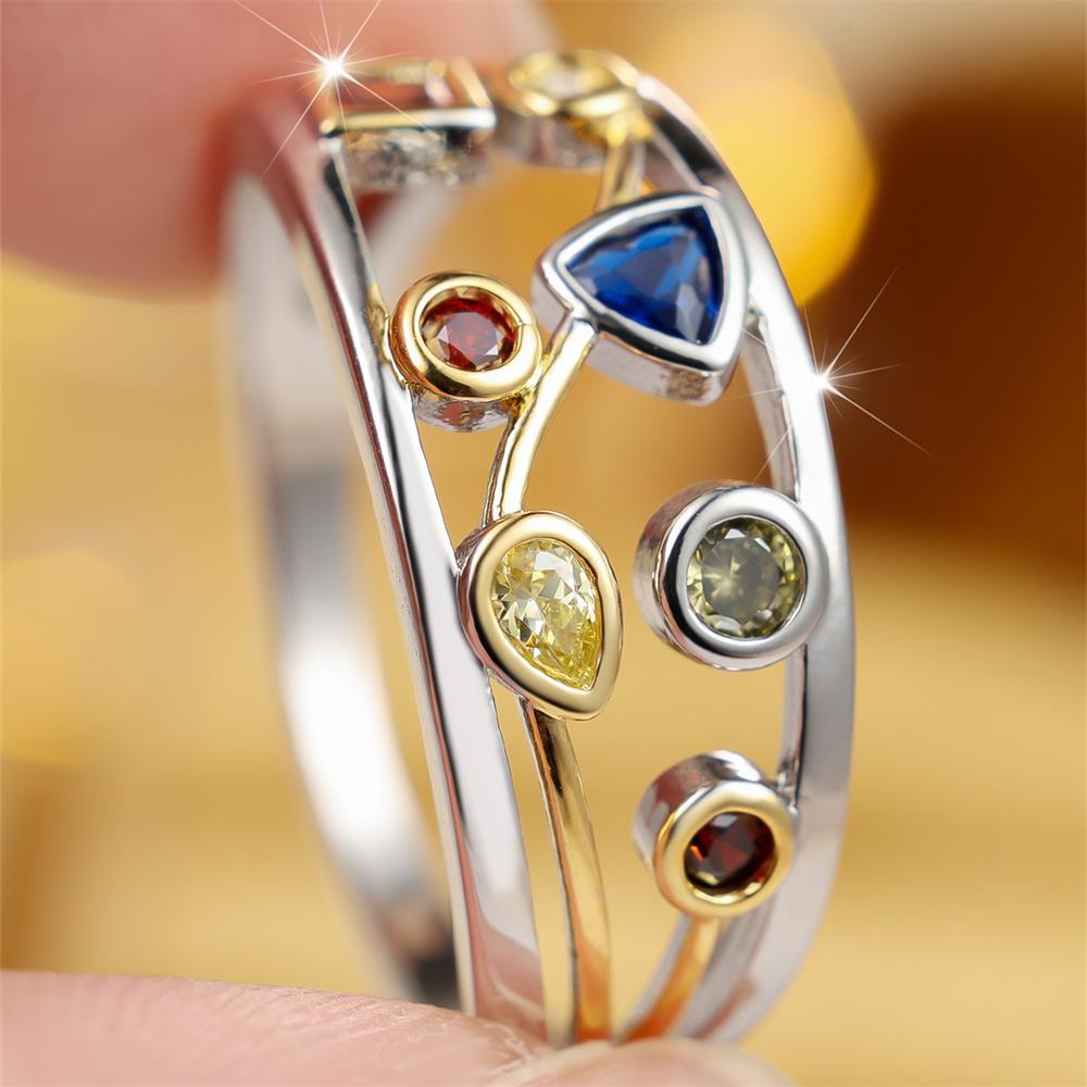 Multicolor Zircon Geometric Crystal Small Stone Rings For Women Vintage Silver Color Engagement Bands Wedding Jewelry Accessory