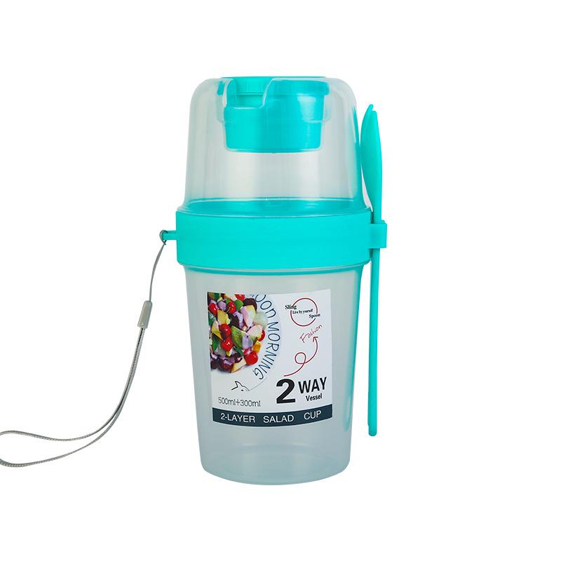 Plastic Double-Layer Breakfast Salad Cup with Spoon, Lid, and Fork for Students - Portable and Sealed