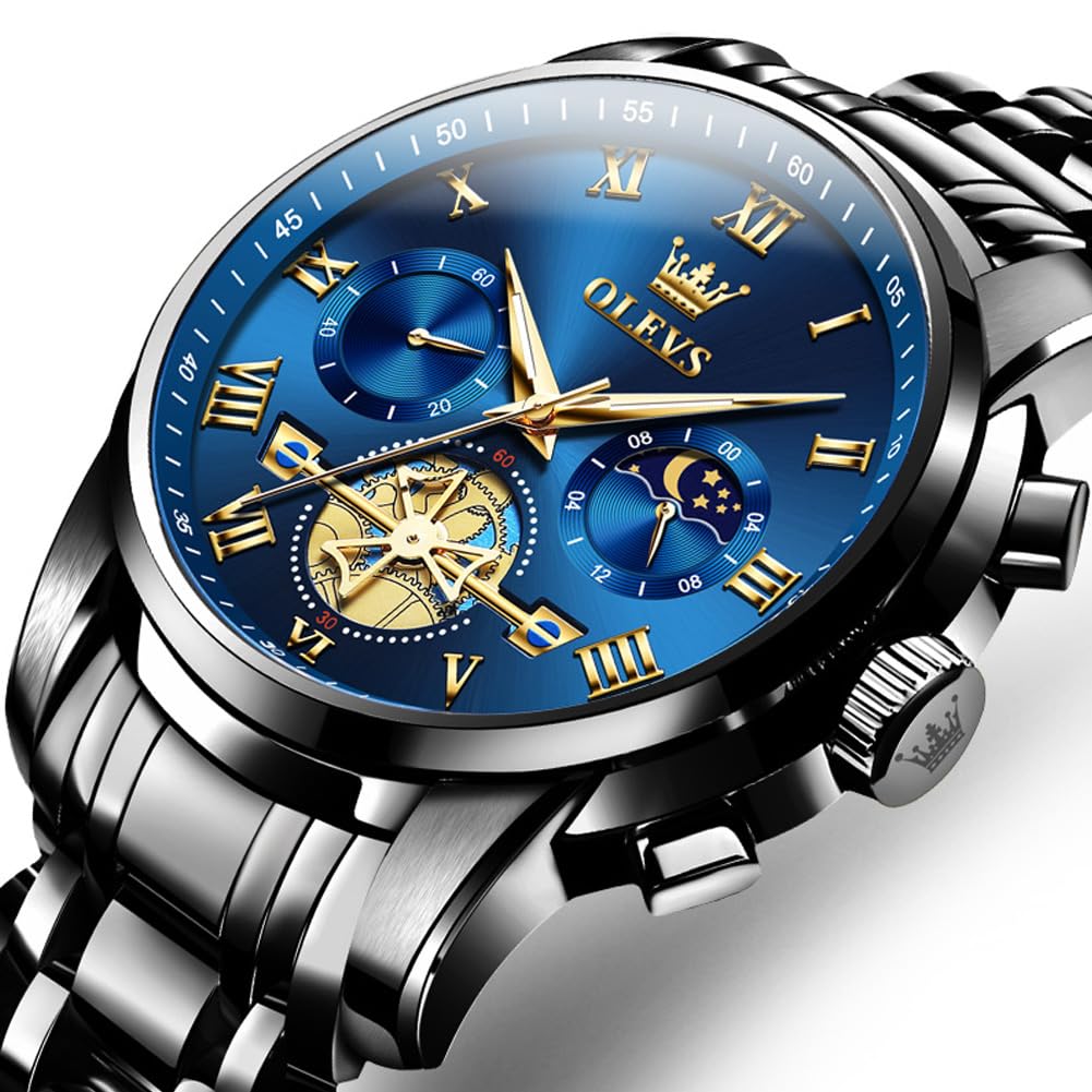 OLEVS Stylish Chronograph Popular Brand for Waterproof Quartz Wristwatch Men's Watch, Business, Large, Easy-to-Read Analog, (Black/Blue)