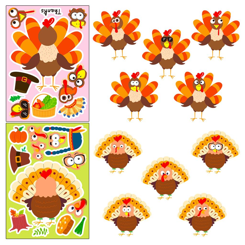 6 Packs Turkey Thanksgiving Puzzle Face Change Sticker Cartoon Turkey Puzzle Diy