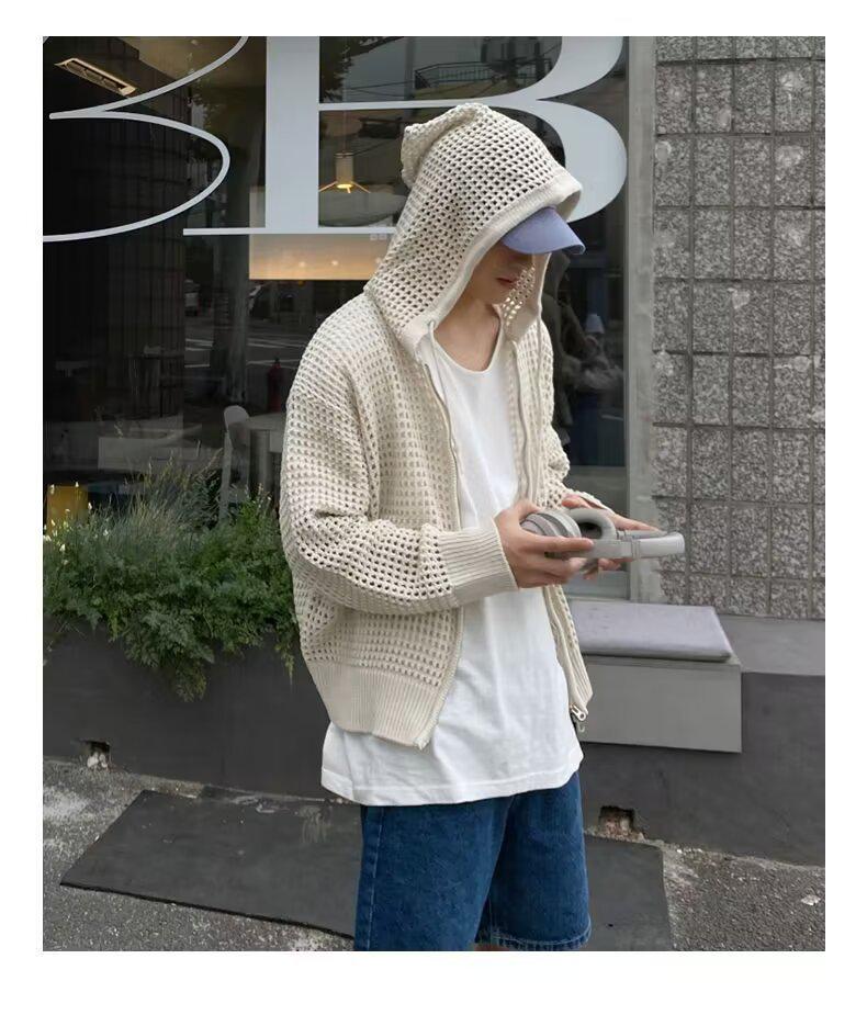 Men's High-Grade Hooded Cardigan - Lightweight Knitted Sweater, Sun-Protective, Hollow Design for Couples.