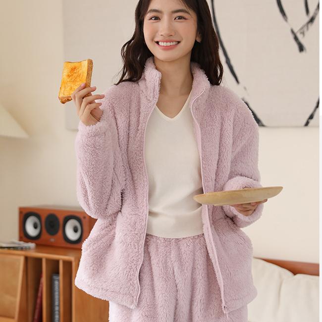 Zimní domácí oblečení dámský kardigan na zip zahuštěná bunda s vysokým límcem plyšové sametové pyžamo oboustranný fleece teplá souprava