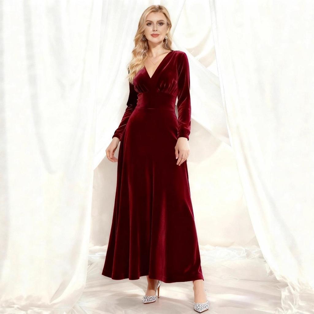 European & American Women's Velvet V-Neck Long Sleeve Dress (Autumn/Winter 2026)