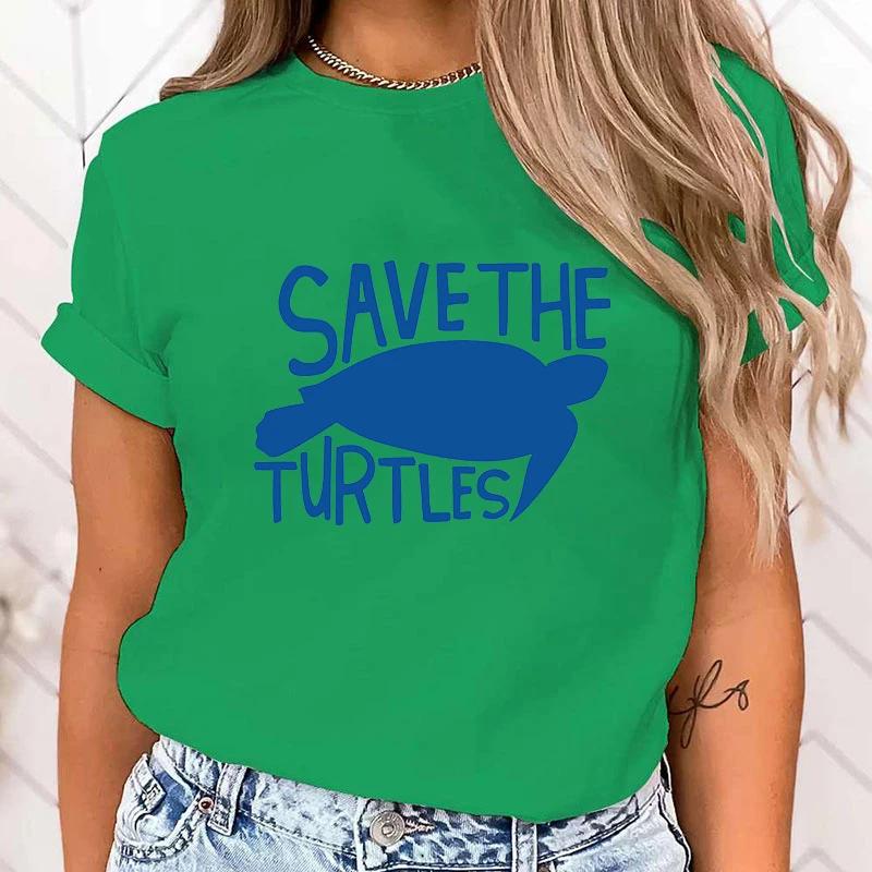 (Premium T-shirt)New Protect The Ocean Save A Turtle Graphic Print T-Shirt Women Fashion Round Neck Loose Tee Shirt Tops