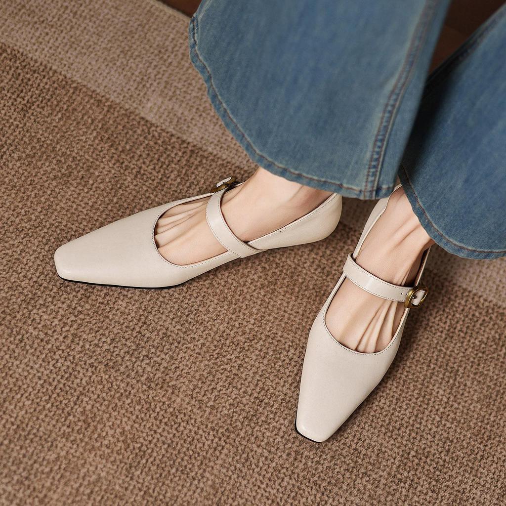 Krazing Pot Microfiber Square Toe Thick Med Heels Spring Summer Shoes Big Size 43 Metal Buckle Beauty Women Shallow Pumps