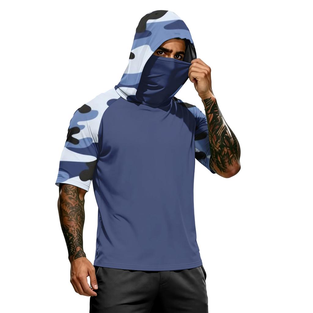 Men's Short Sleeve Hooded T Shirt Digital Camouflage Print Pullover Athletic Fit Lightweight Top for Sports Training