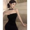 French One-Shoulder Black Bow Maxi Dress: Women's High-End Sexy Backless Hip-Hugging Summer Dress