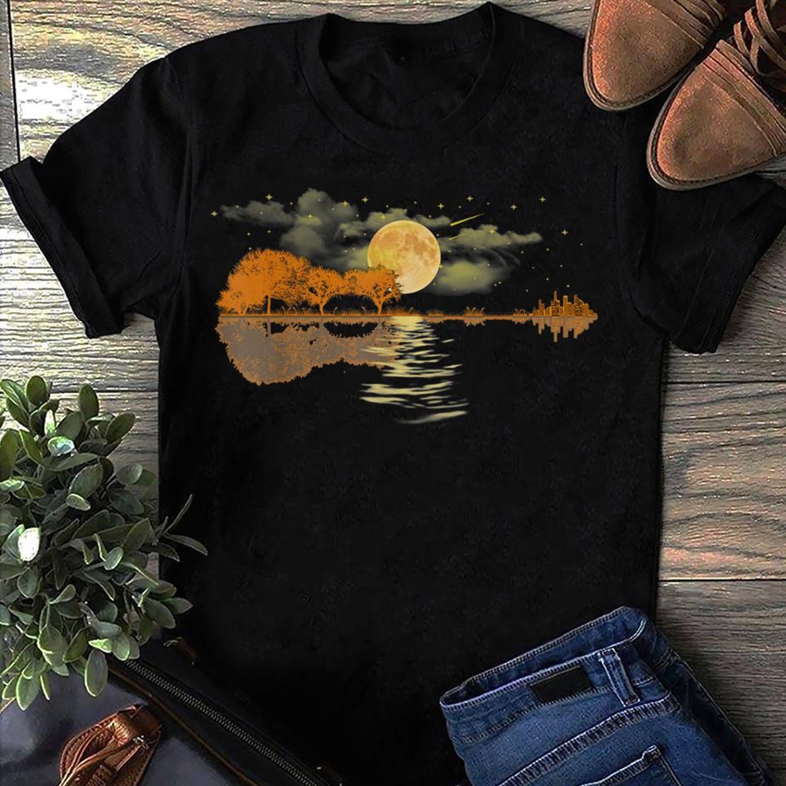 Guitar Lake Reflections T-Shirt: Musician Gift S
