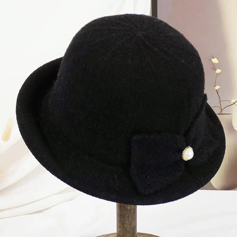 WTEMPO Cold-proof Windproof Warm Solid Color Pearl Bow Bucket Hats Women's Autumn Winter Casual Verstaile Retro Elegant Hats