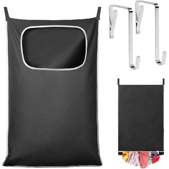 Large Hanging Laundry Hamper Bag - Over The Door Dirty Clothes Organizer with Wide Opening & Bottom Zipper, Space Saving for Bathroom, Bedroom, Dorm,