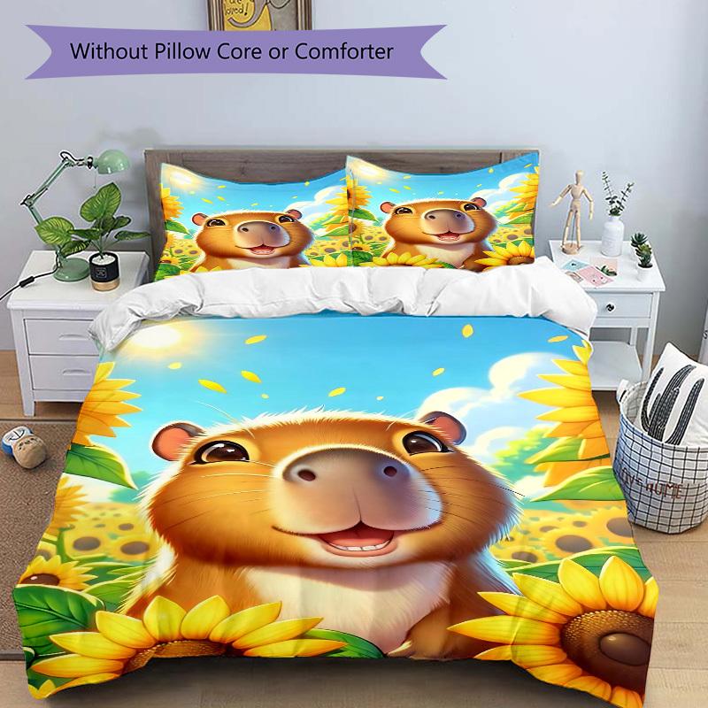 3pcs Capybara Sunflower Field Duvet Cover Set -Includes 1 Duvet Cover and 2 Pillowcases, No Quilt Core, All-Season Home Decor yy251111175