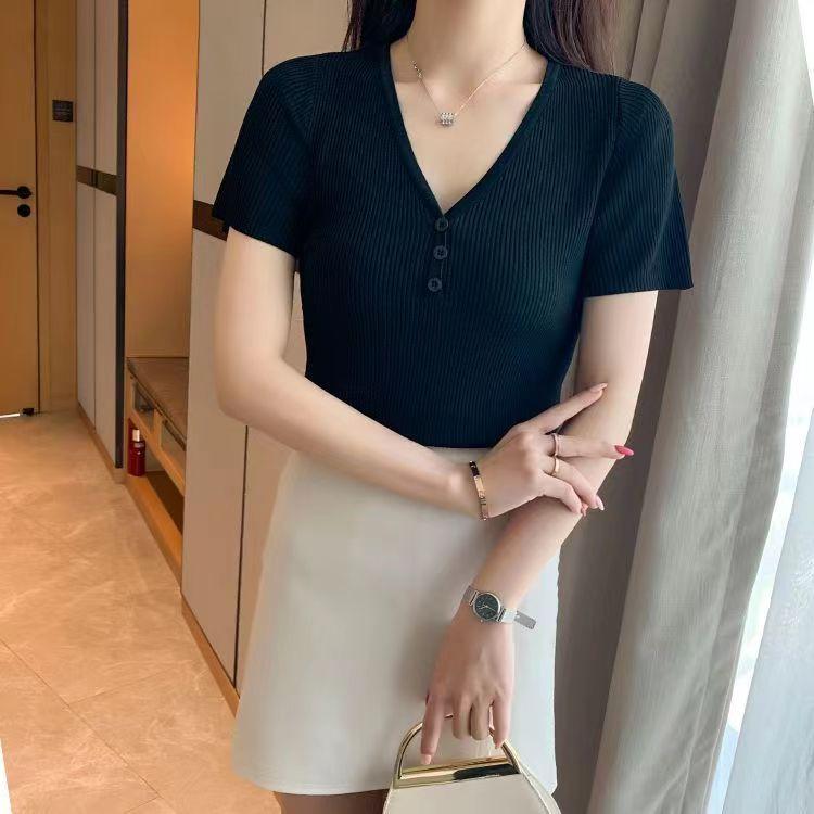 

Женский летний вязаный тонкий свитер с v-образным вырезом и коротким рукавом, рубашка с коротким рукавом, тонкая нижняя пуговица, внутренняя верхняя одежда, сплошной цвет M чёрный