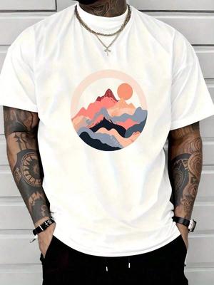 Unisex T-shirt z zachodem słońca w górach, Abstrakcyjny artystyczny nadruk