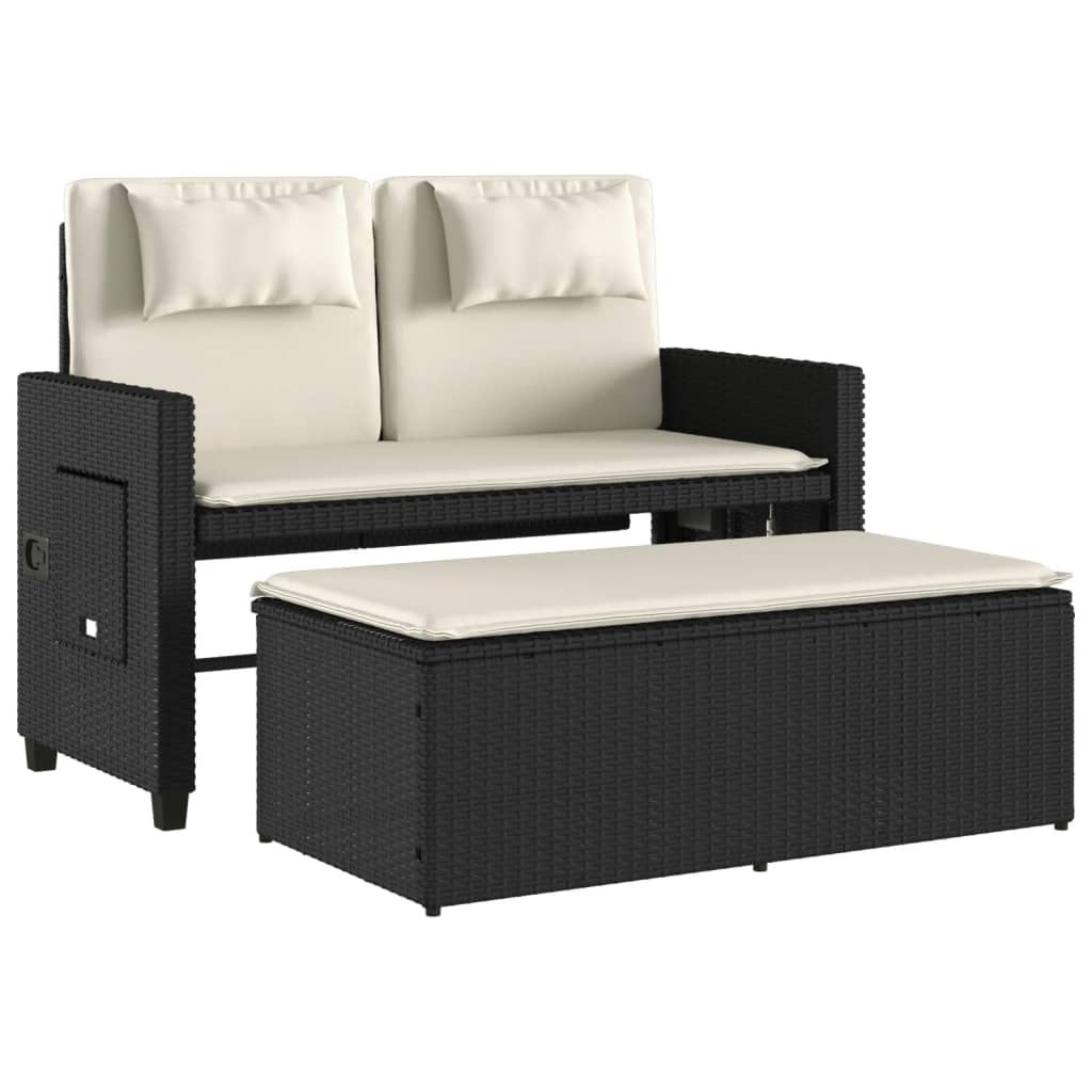 Vidaxl Folding Garden Bench With Cushions, Black, Poly Rattan