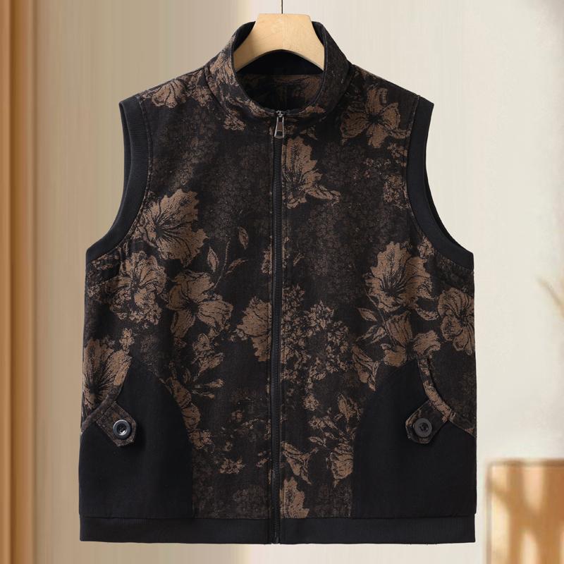 Ladies Oversized Sleeveless Waistcoat Floral Pattern Zip Collar Vest Plus Size Autumn Outerwear for Elderly Women