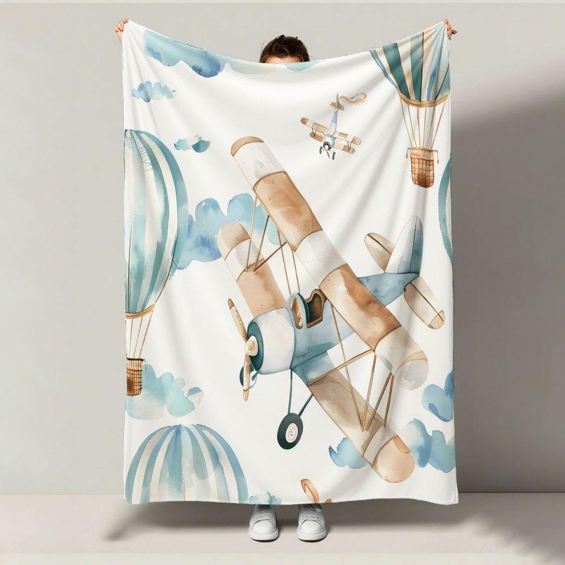 Extra Large Flannel Throw Blanket - Vintage Airplane design in Beige,Brown,Blue,White,Turquoise - Ultra-Soft Heavyweight 130x150cm51x59in