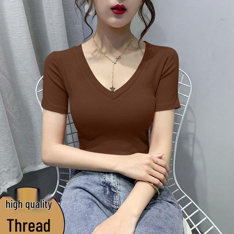 Women's Slim Fit Ribbed V-Neck T-Shirt - Summer 2026, Short Sleeve, Plus Size, Stylish Plain Color