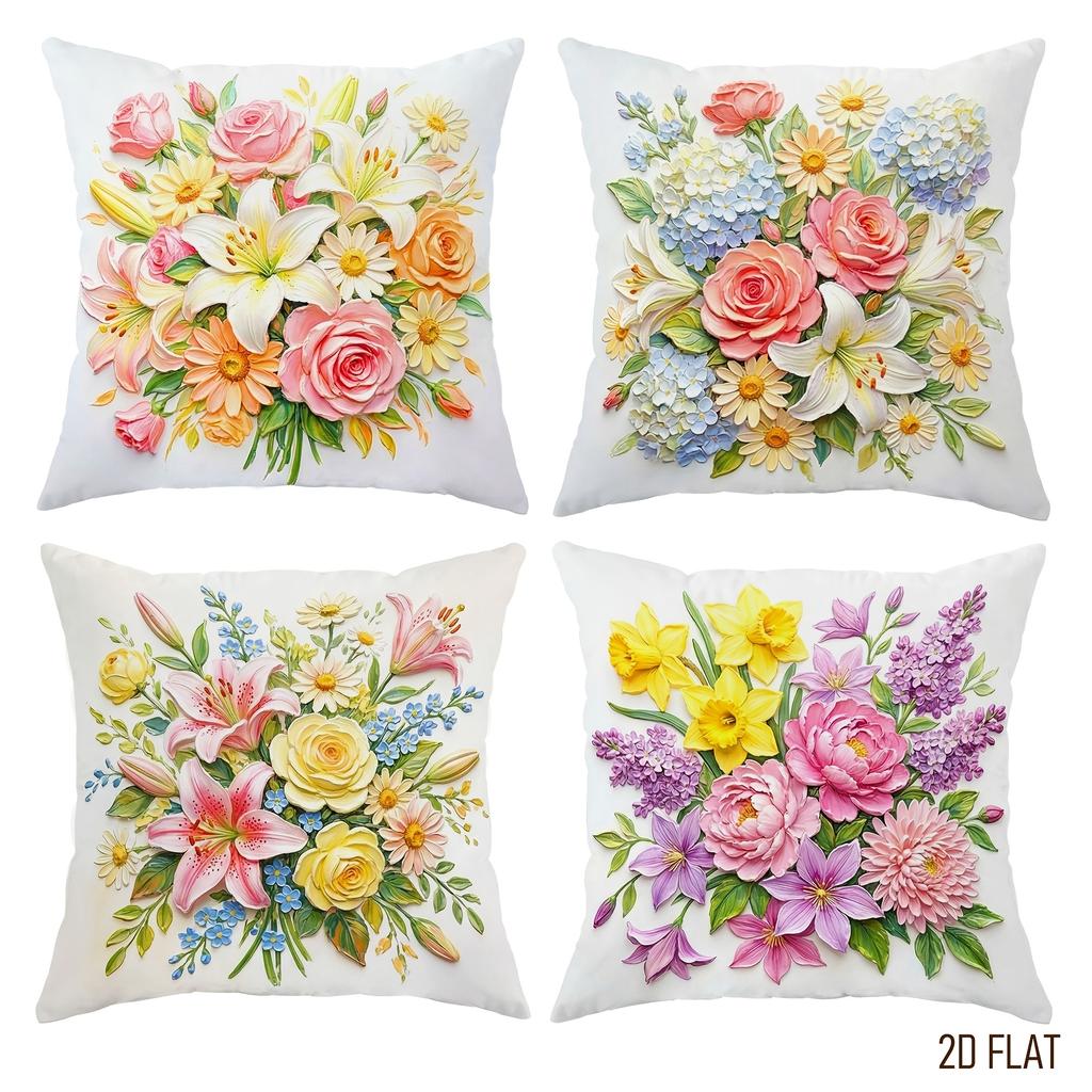 4Pcs Floral Printed Cushion Cover Rose Lily Hydrangea Daisy Pillow Case Polyester Home Decor Sofa Bedroom Living Room 2D Print