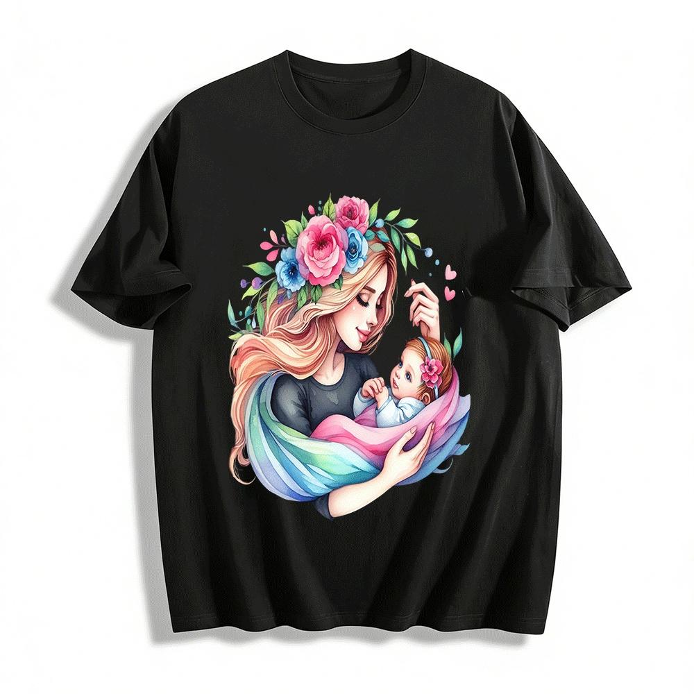 Loving Mother And Baby Print Casual Top For Women Pure cotton T-shirt XXS