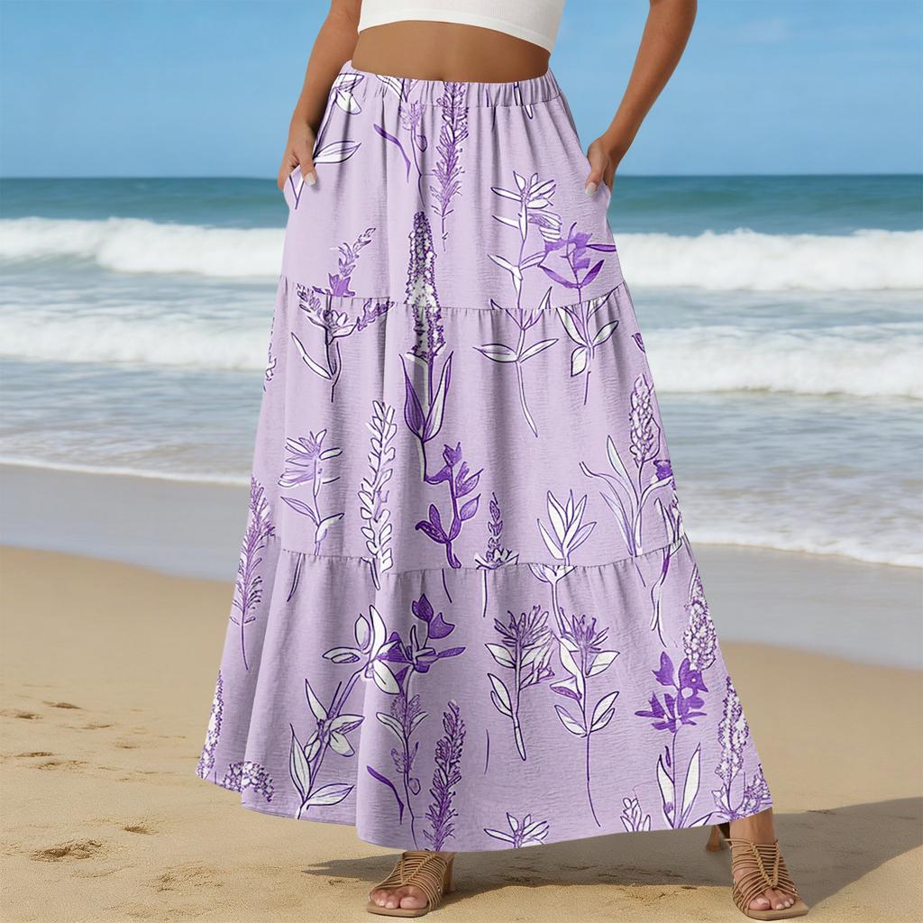 Women's Casual High Waist Drawstring A-line Skirt Color Skirt With Pockets