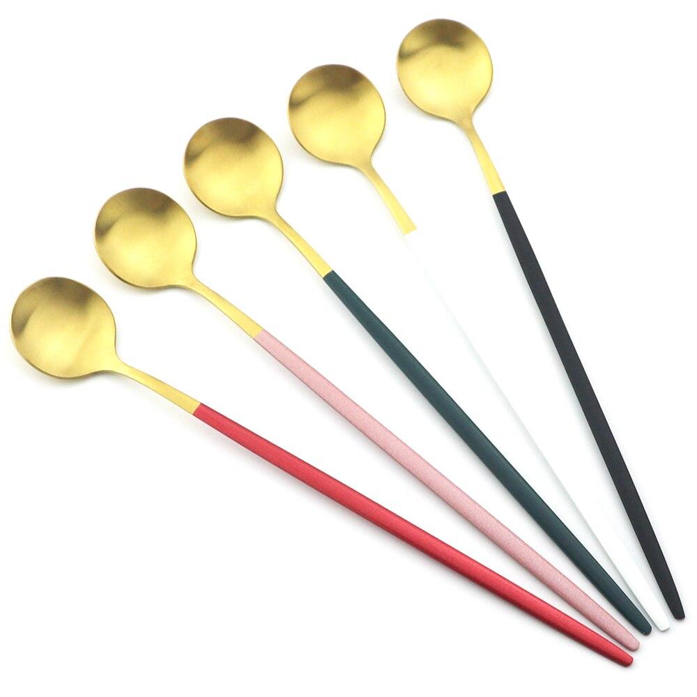 6ks Barevné příbory s dlouhou rukojetí Matné nerezové Lžíce Leštěné Míchání Nápoj Zmrzlina Dezert Čajová lžička Sada nádobí